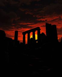 An Isekai anime style illustration depicts intense black shadows cast by ancient stone ruins at sunset. The use of pure black