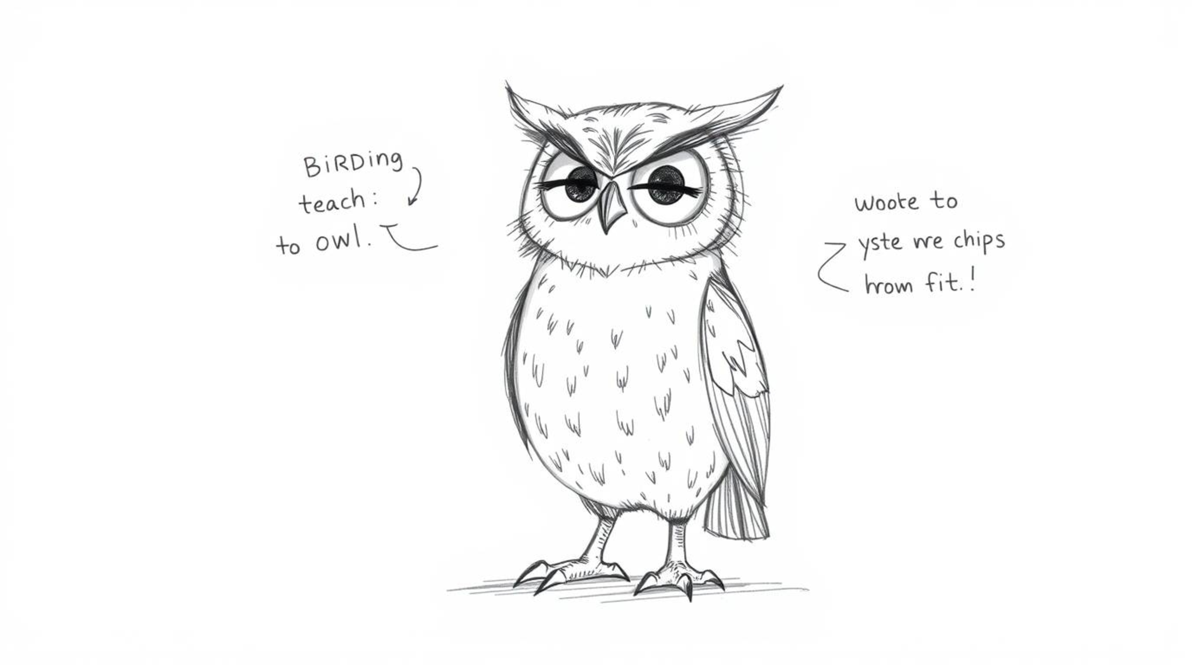 A charming hand-drawn sketch in the style of Pixar depicts a blind owl, rendered with textured pencil strokes and rough lines