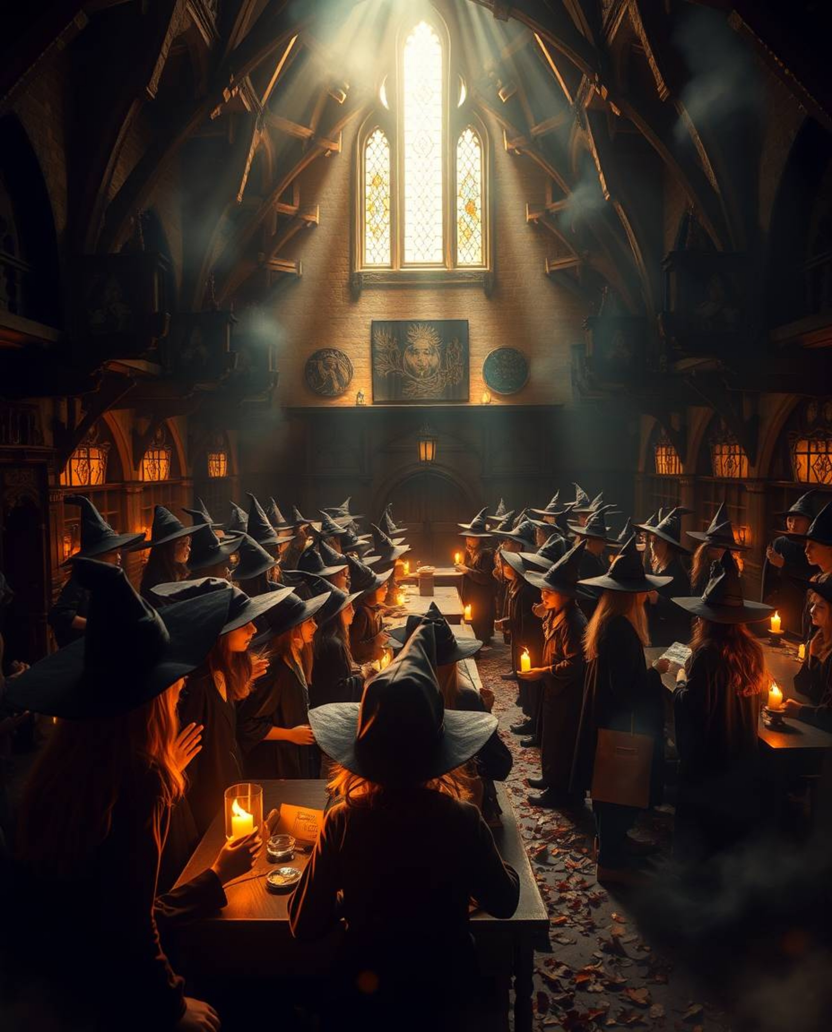 Step into a magical school brimming with young wizards, bathed in intense dramatic lighting and the warm hues of autumn. This