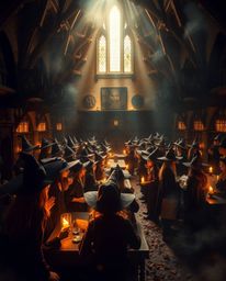 Step into a magical school brimming with young wizards, bathed in intense dramatic lighting and the warm hues of autumn. This
