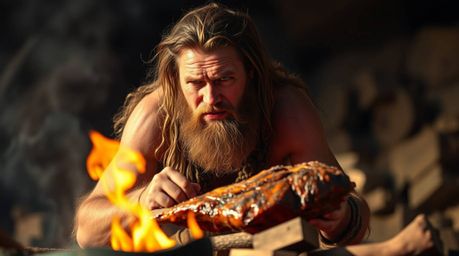 A captivating image of a gentle caveman skillfully cooking mammoth meat over an open fire.  Soft pastel colors and a blurred 