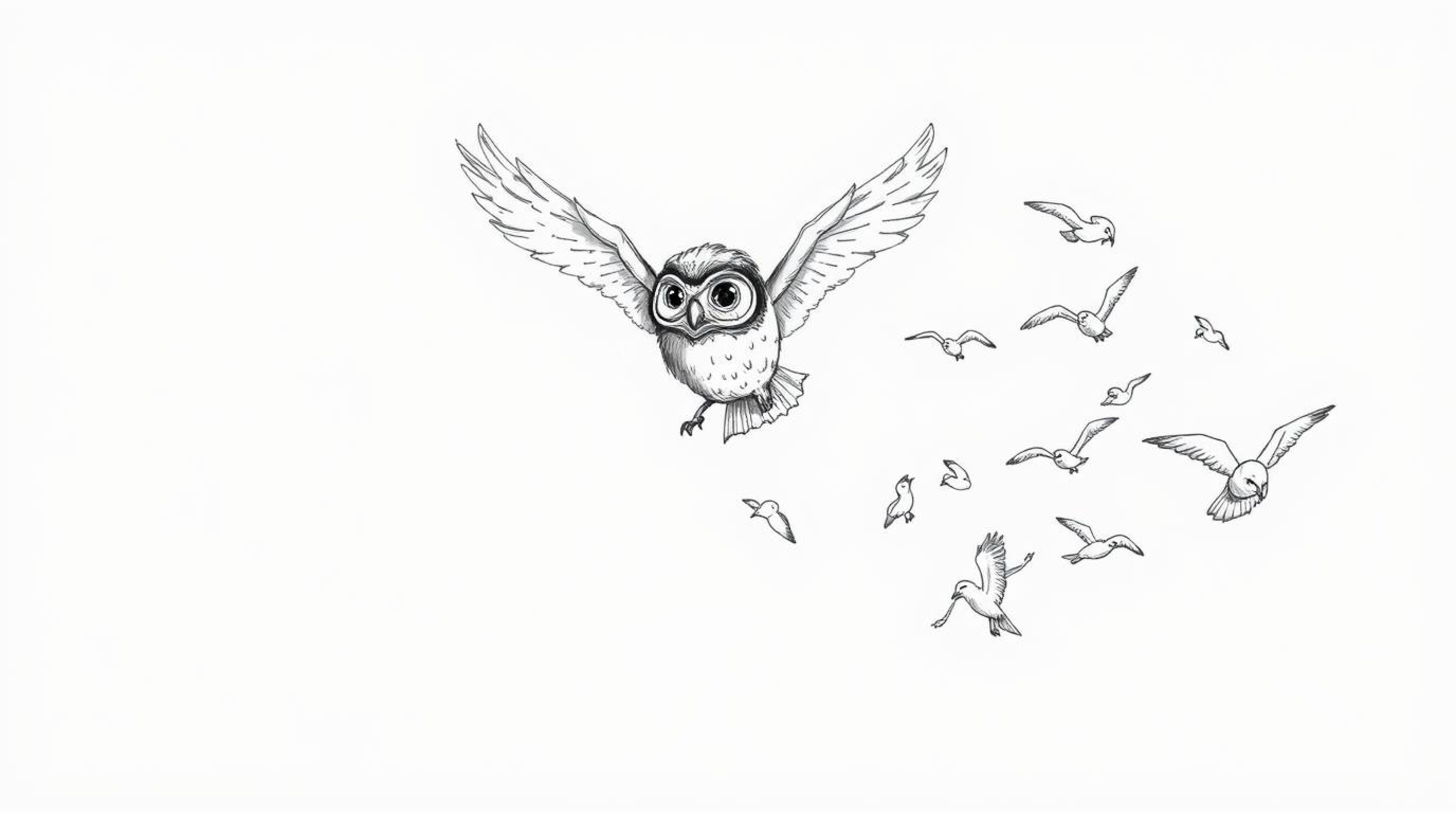A heartwarming Pixar-style hand-drawn sketch depicts a blind owl, rendered with subtle feather textures and rough pencil shad