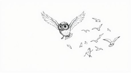 A heartwarming Pixar-style hand-drawn sketch depicts a blind owl, rendered with subtle feather textures and rough pencil shad
