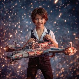 A captivating image in the style of Pixar depicts a fashionably dressed young boy with a curious expression, building an intr