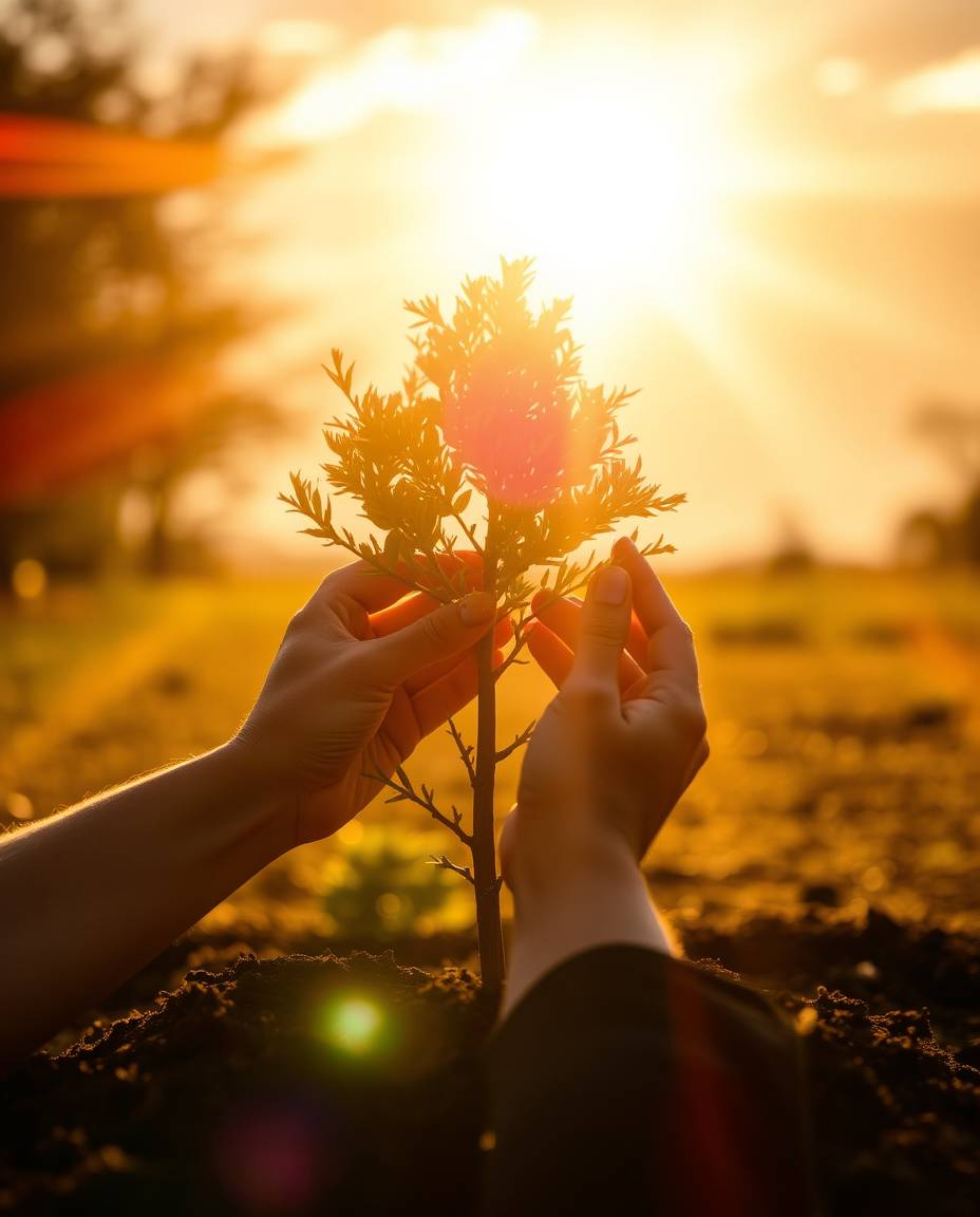 This image captures a dramatic cinematic scene of hands planting a tree beneath a radiant golden sky. Bright lens flares and 