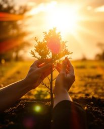 This image captures a dramatic cinematic scene of hands planting a tree beneath a radiant golden sky. Bright lens flares and 