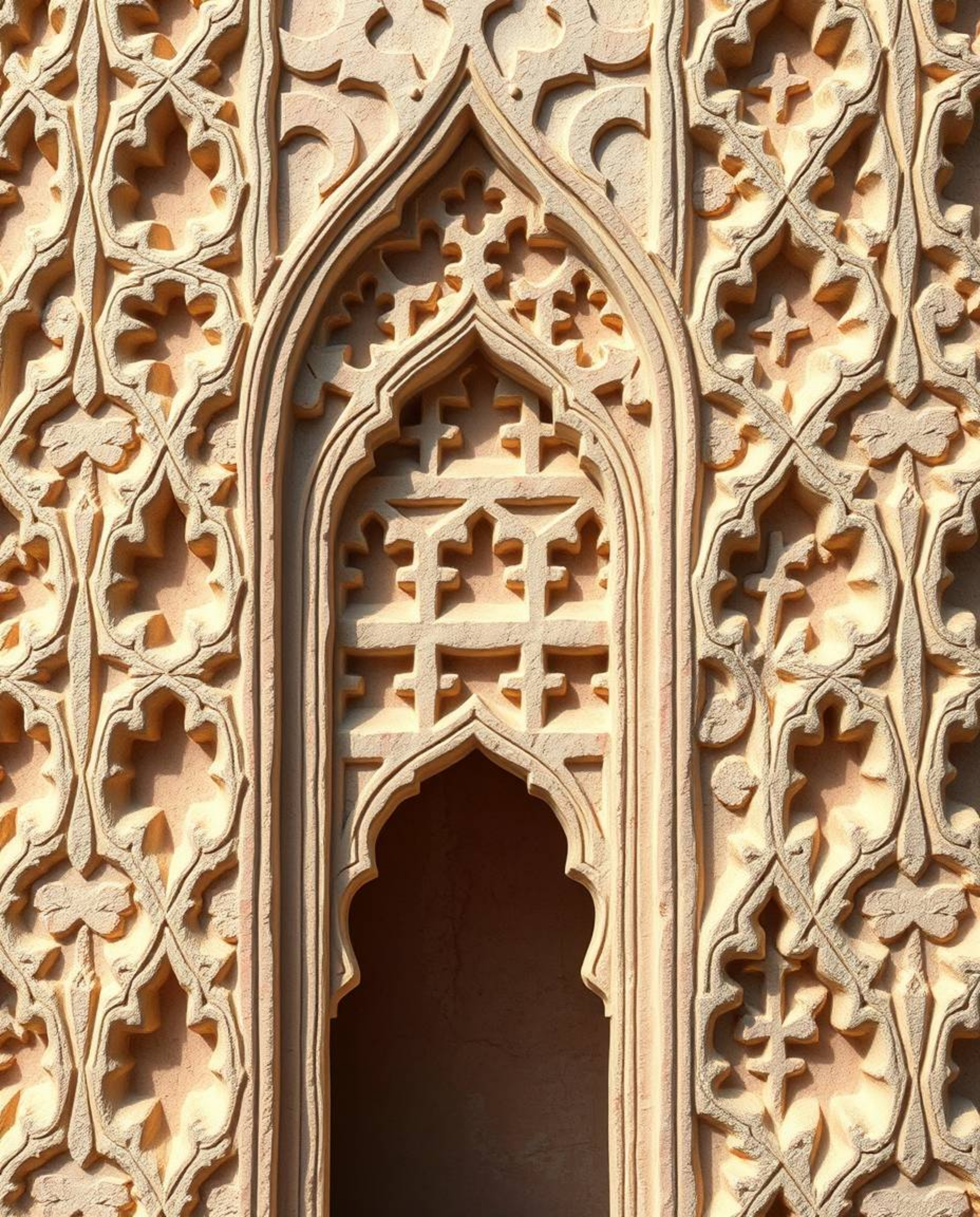This pastel-colored digital painting features layered papier-mâché depicting intricate Islamic geometric patterns carved in s