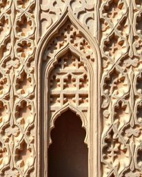 This pastel-colored digital painting features layered papier-mâché depicting intricate Islamic geometric patterns carved in s