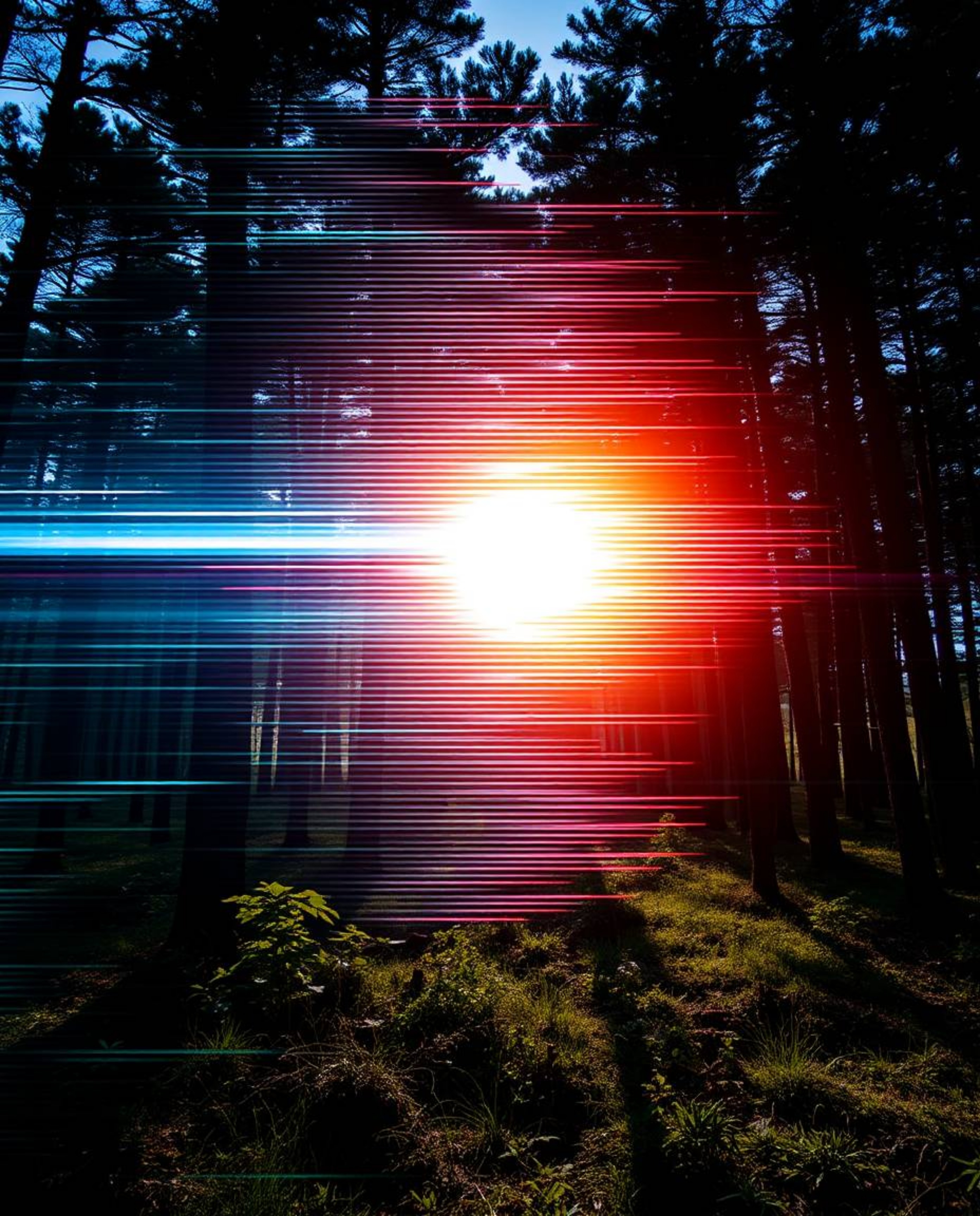 A captivating high-resolution stock photo showcases a mesmerizing digital glitch effect overlaid on a vibrant natural forest 