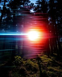 A captivating high-resolution stock photo showcases a mesmerizing digital glitch effect overlaid on a vibrant natural forest 