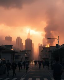 A scene of intense chaos unfolds within a city consumed by flames. People desperately flee amidst a backdrop of stormy skies 