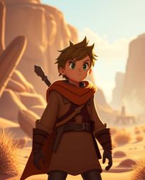Embark on a heartwarming Disney-style desert adventure with a brave hero. Bathed in warm autumnal light and soft shadows, th