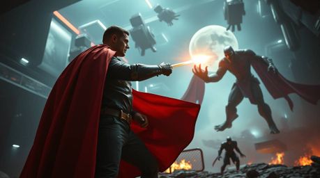 Witness a fantastical clash between a caped superhero and an absurd villain in a dreamlike, surreal setting.  This epic scene