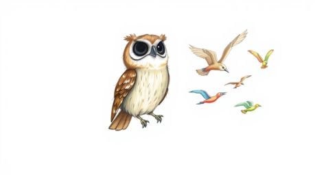 A captivating hand-drawn sketch in the style of Pixar depicts a blind brown owl with soft feathers serenely guiding a flock o