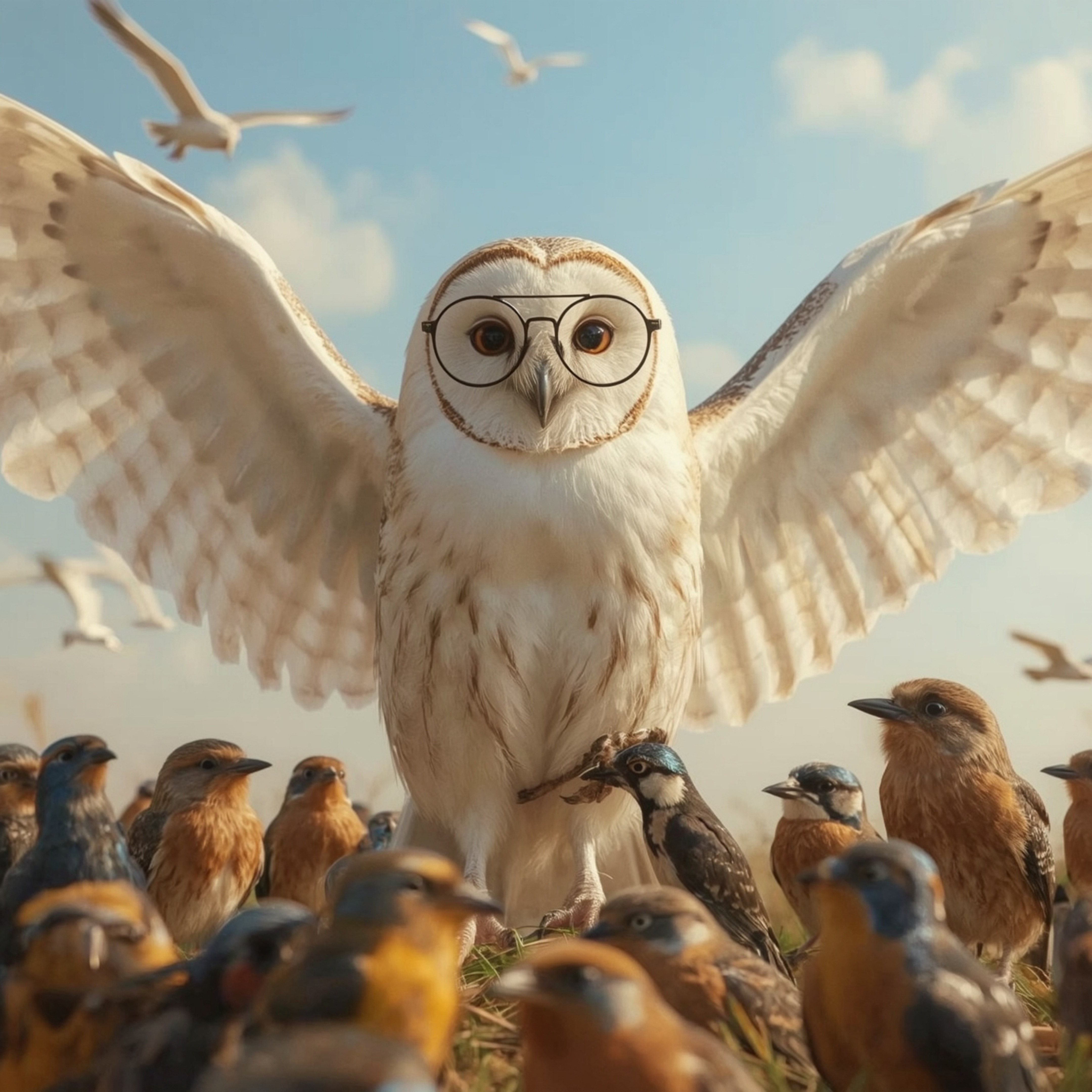 A visually stunning image showcasing a blind owl with a wise and gentle face, teaching birds to fly in a serene Pixar-style s