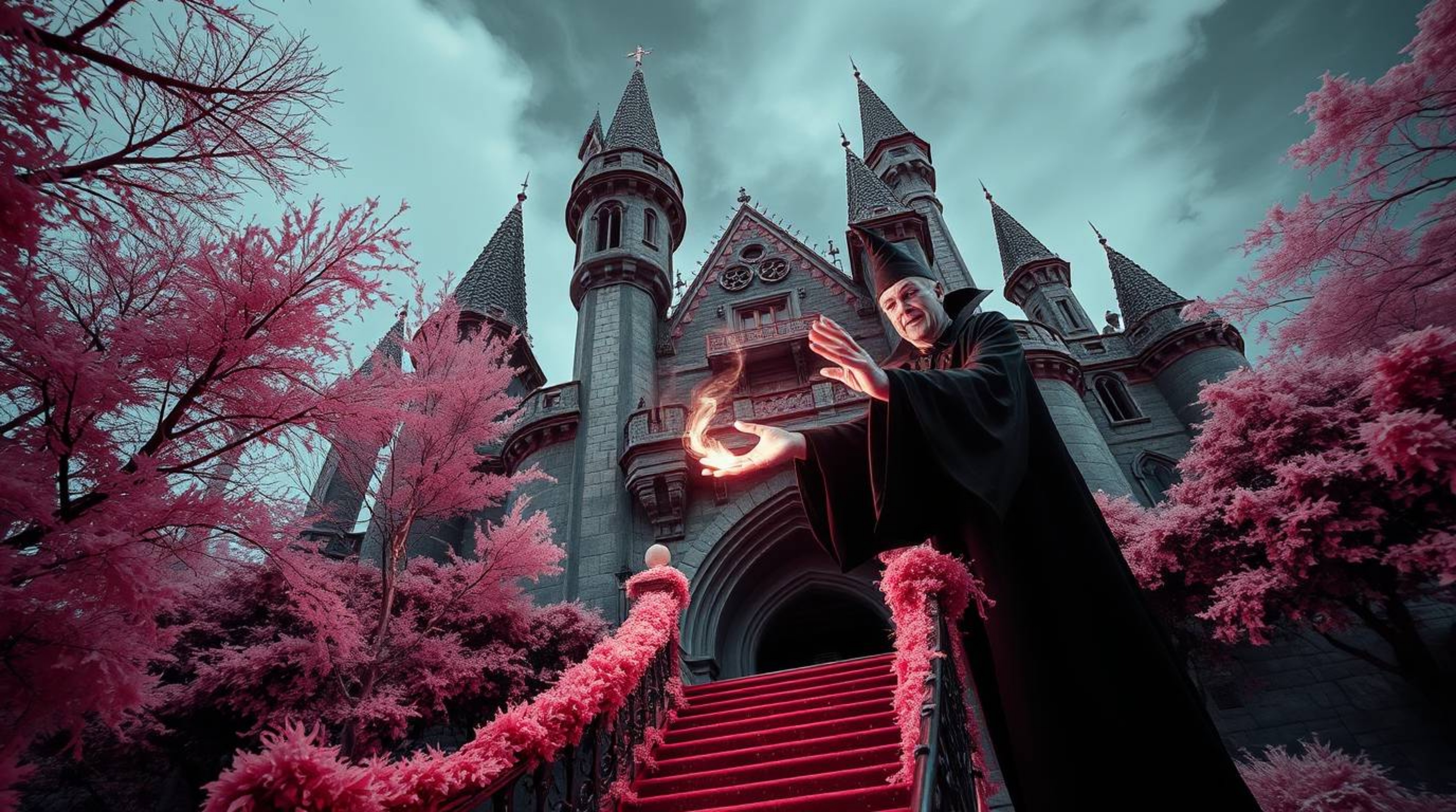 A classic Disney villain is captured in a high-angle perspective image using surreal infrared tones, casting a powerful spell