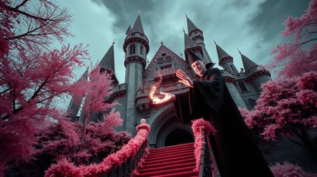 A classic Disney villain is captured in a high-angle perspective image using surreal infrared tones, casting a powerful spell