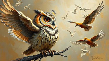 A classic oil painting, rendered in a Pixar style, depicts a blind owl passionately teaching birds how to fly. The artwork fe