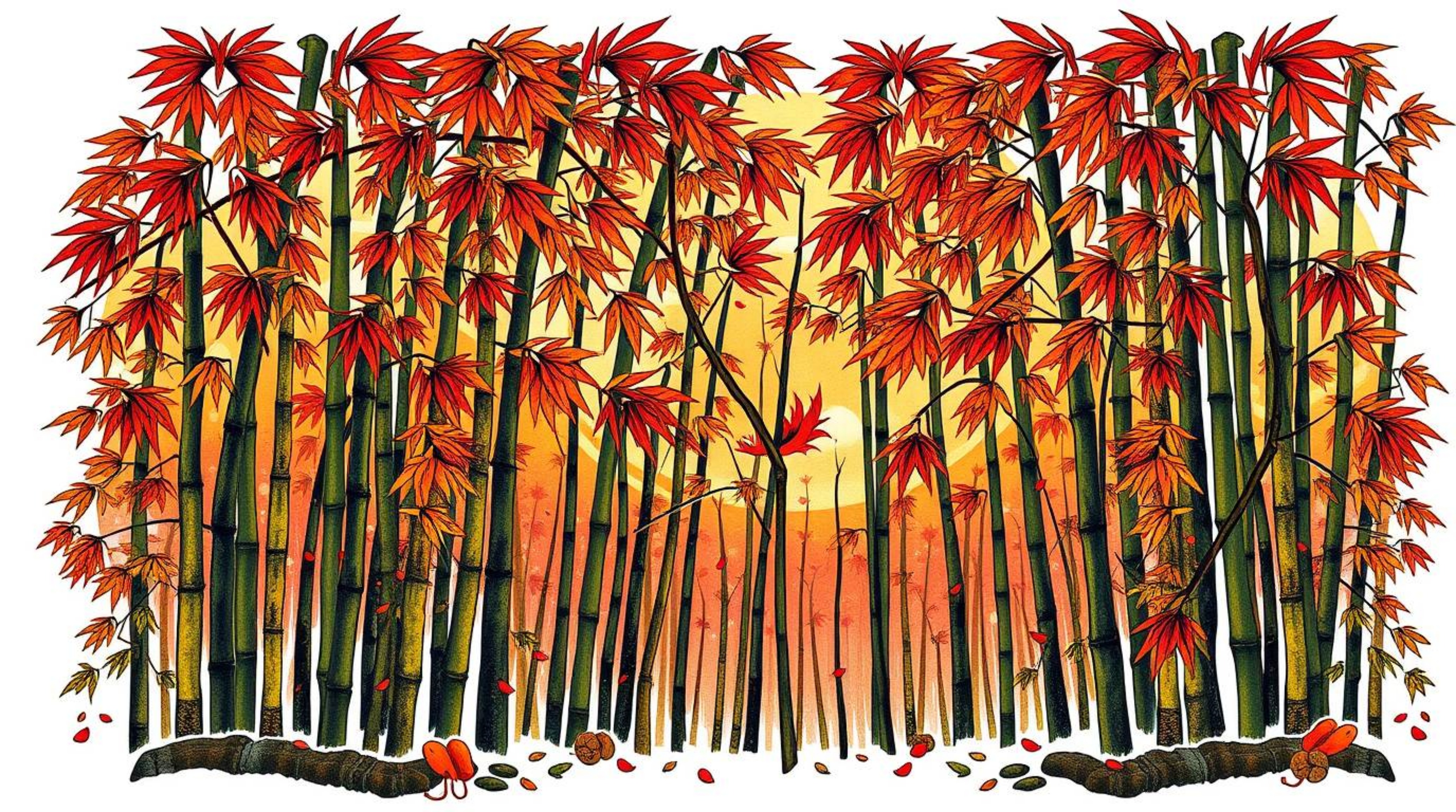 This symbolic traditional tattoo art print features a captivating bamboo forest rendered in warm autumn colors. Vibrant hues 