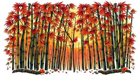 This symbolic traditional tattoo art print features a captivating bamboo forest rendered in warm autumn colors. Vibrant hues 