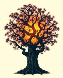 A gentle, soft-lit traditional tattoo art print. This vibrant, retro-style image depicts a sunset behind an old oak tree with