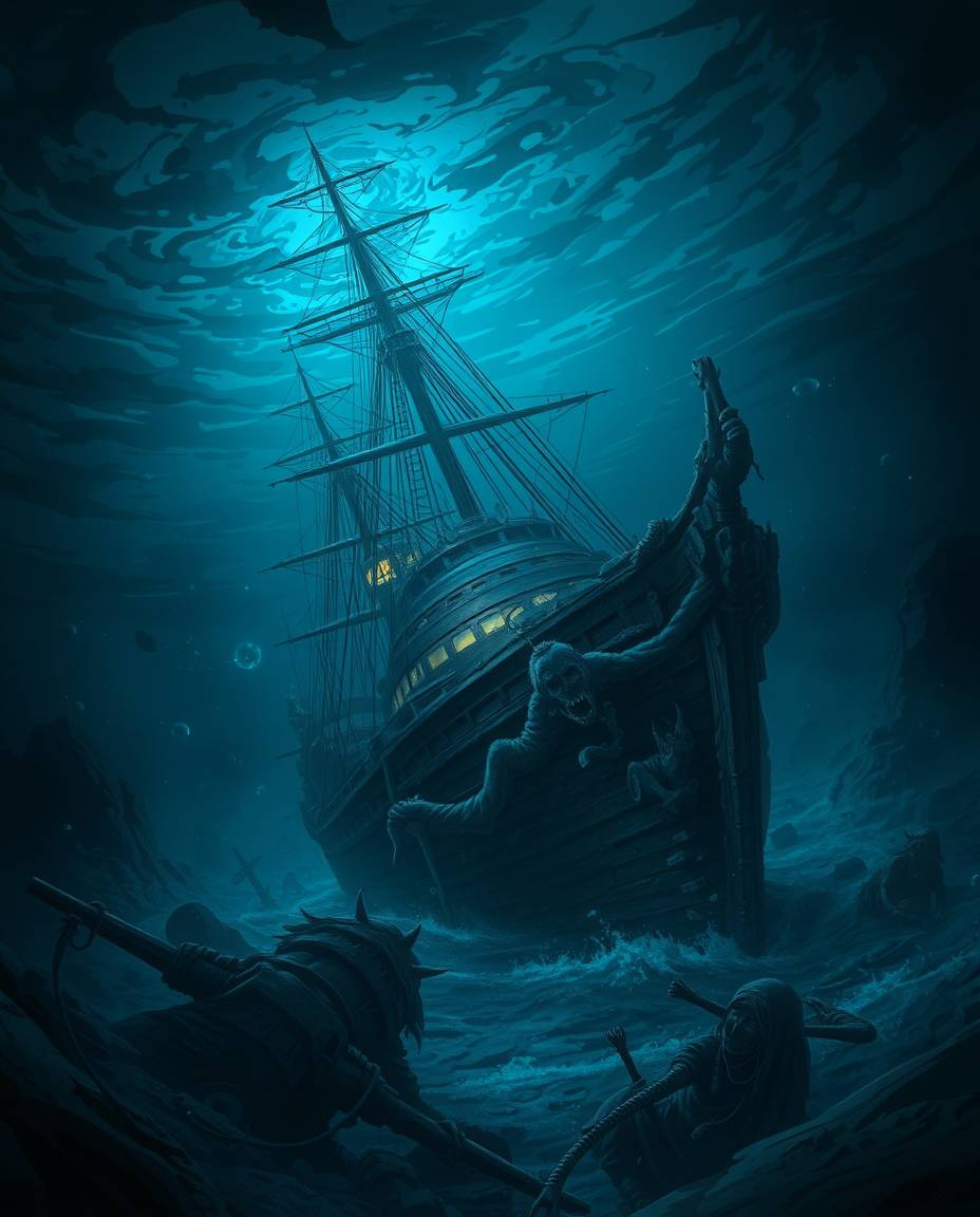 An eerie and creepy Isekai anime-style depiction of a shipwreck illuminated deep underwater is presented, emphasizing dark to