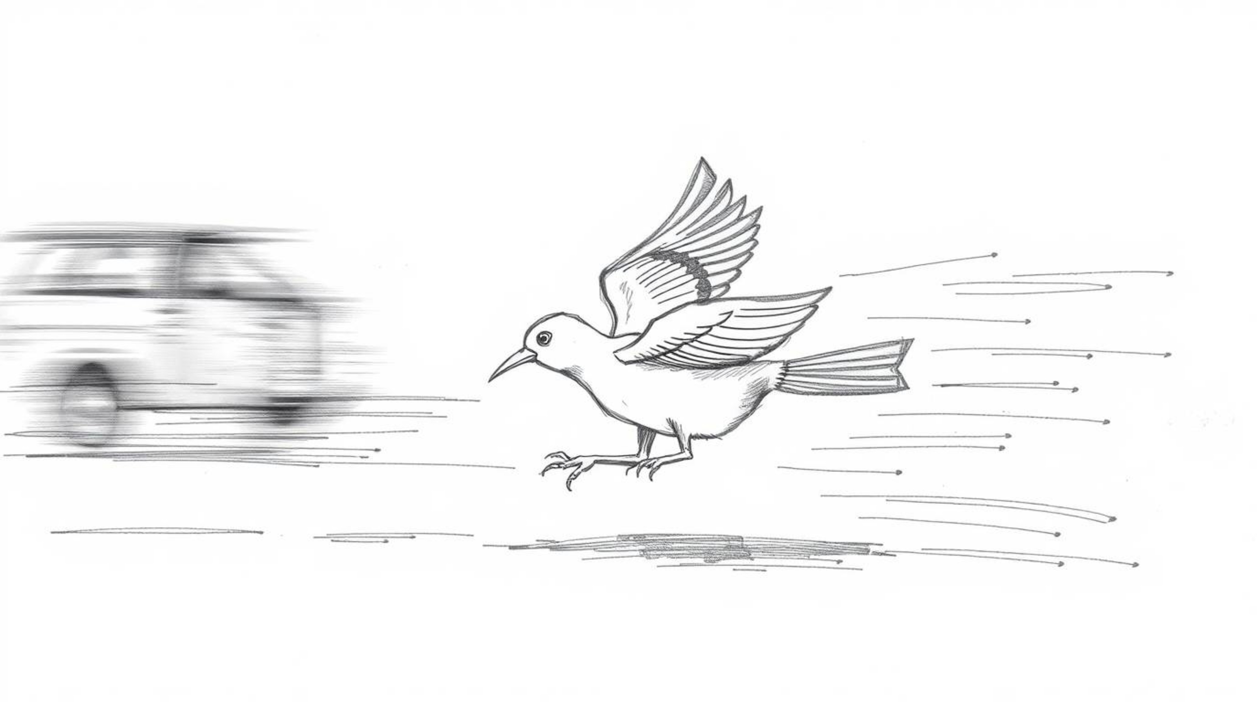 A hand-drawn sketch vividly portrays a fast-running bird speeding past traffic with dynamic motion. The artwork utilizes blur