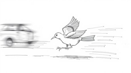 A hand-drawn sketch vividly portrays a fast-running bird speeding past traffic with dynamic motion. The artwork utilizes blur
