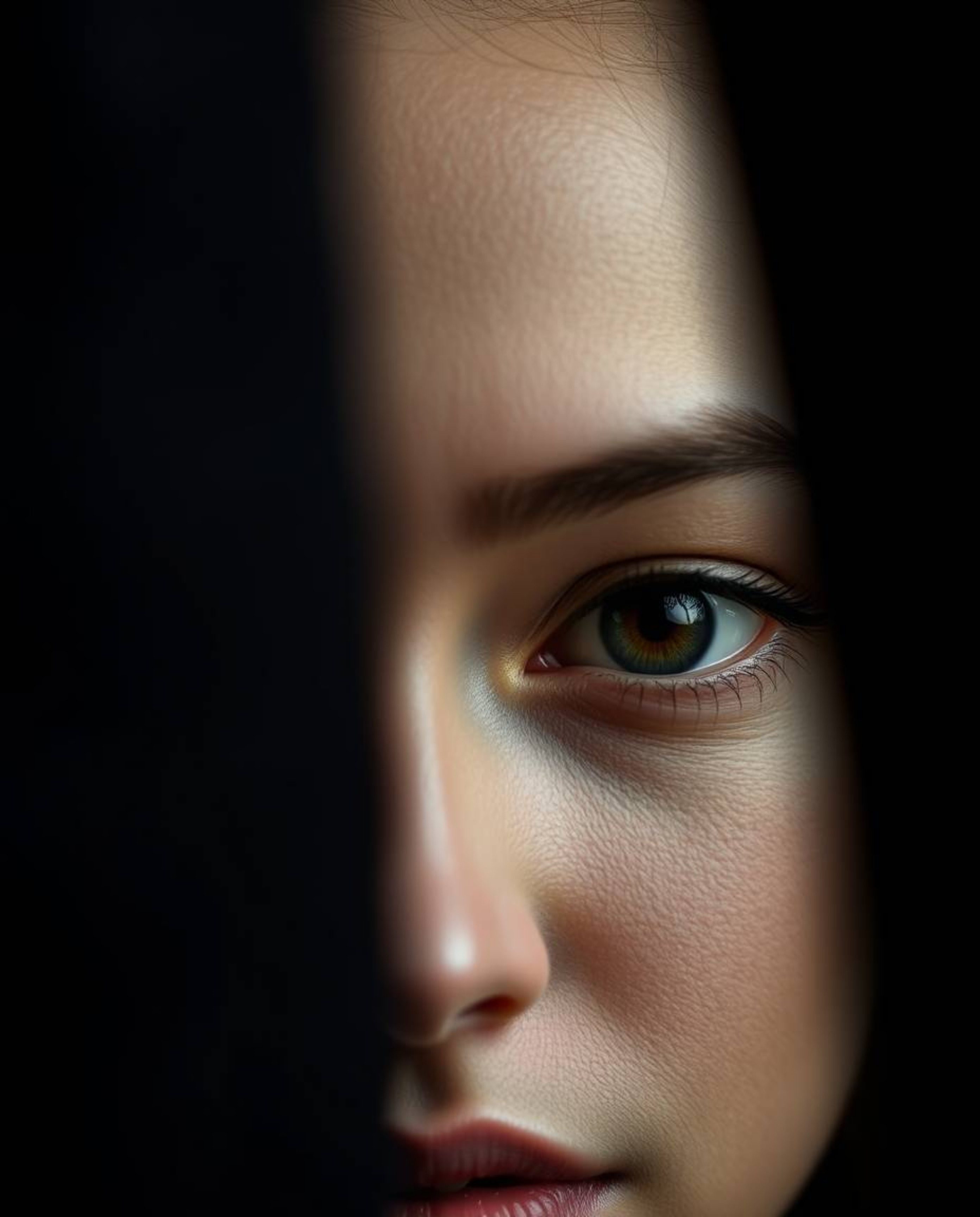 An image depicting graceful, elegant eyes watching from the shadows of a night alley, rendered in refined features and muted 
