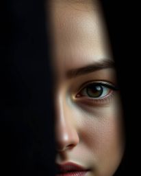 An image depicting graceful, elegant eyes watching from the shadows of a night alley, rendered in refined features and muted 
