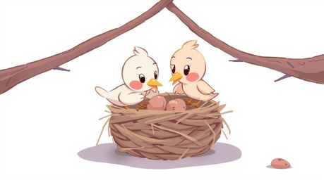 A charming illustration in a classic animation style depicts two adorable cartoon birds diligently constructing their nest.