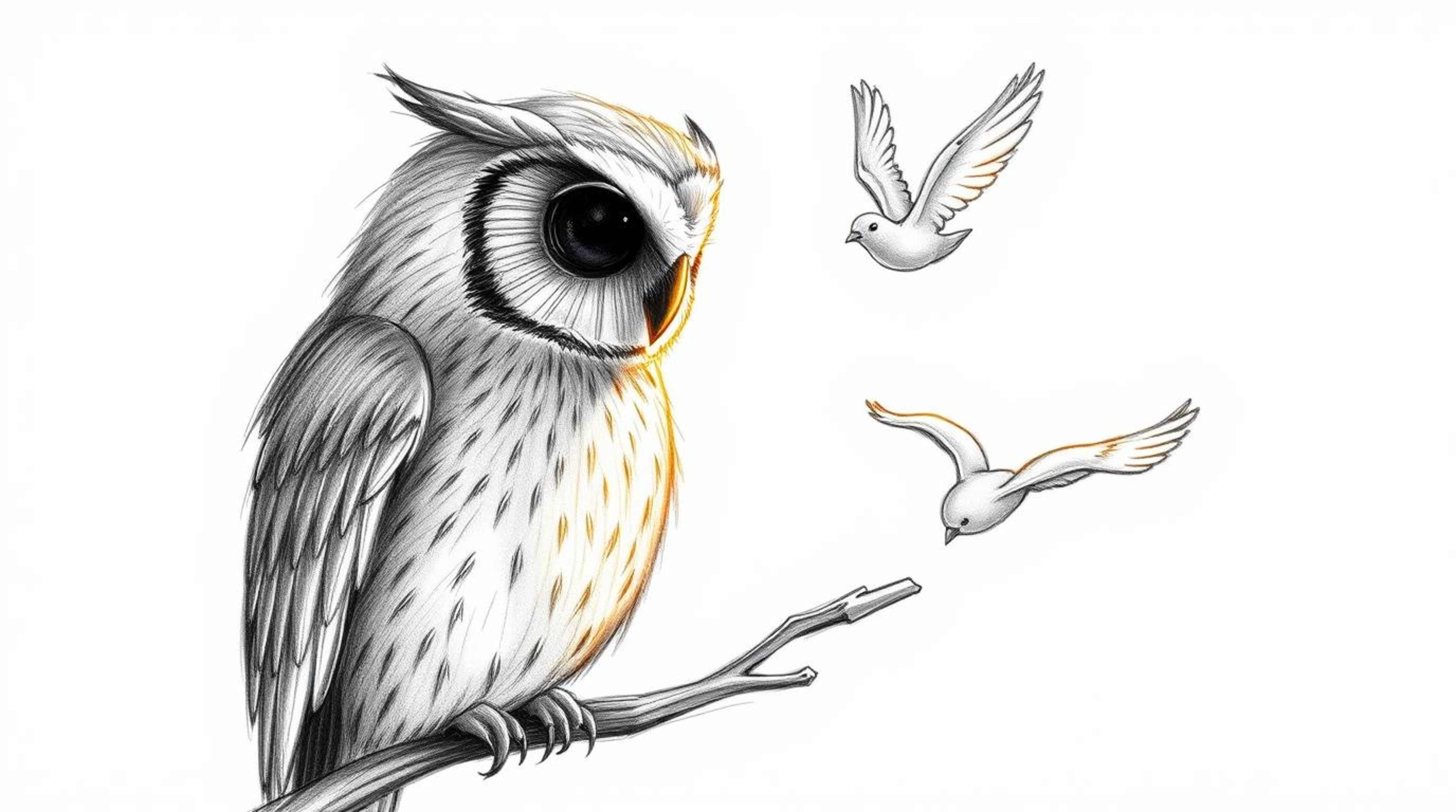 Experience a heartwarming scene rendered in a charming Pixar-style, hand-drawn sketch. A blind owl, depicted with textured pe