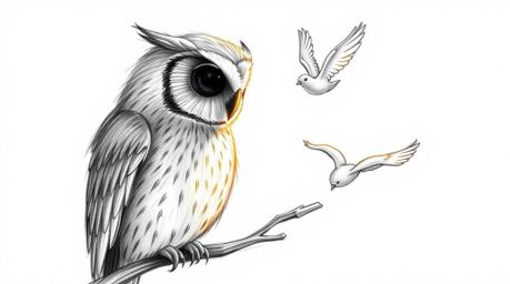 Experience a heartwarming scene rendered in a charming Pixar-style, hand-drawn sketch. A blind owl, depicted with textured pe