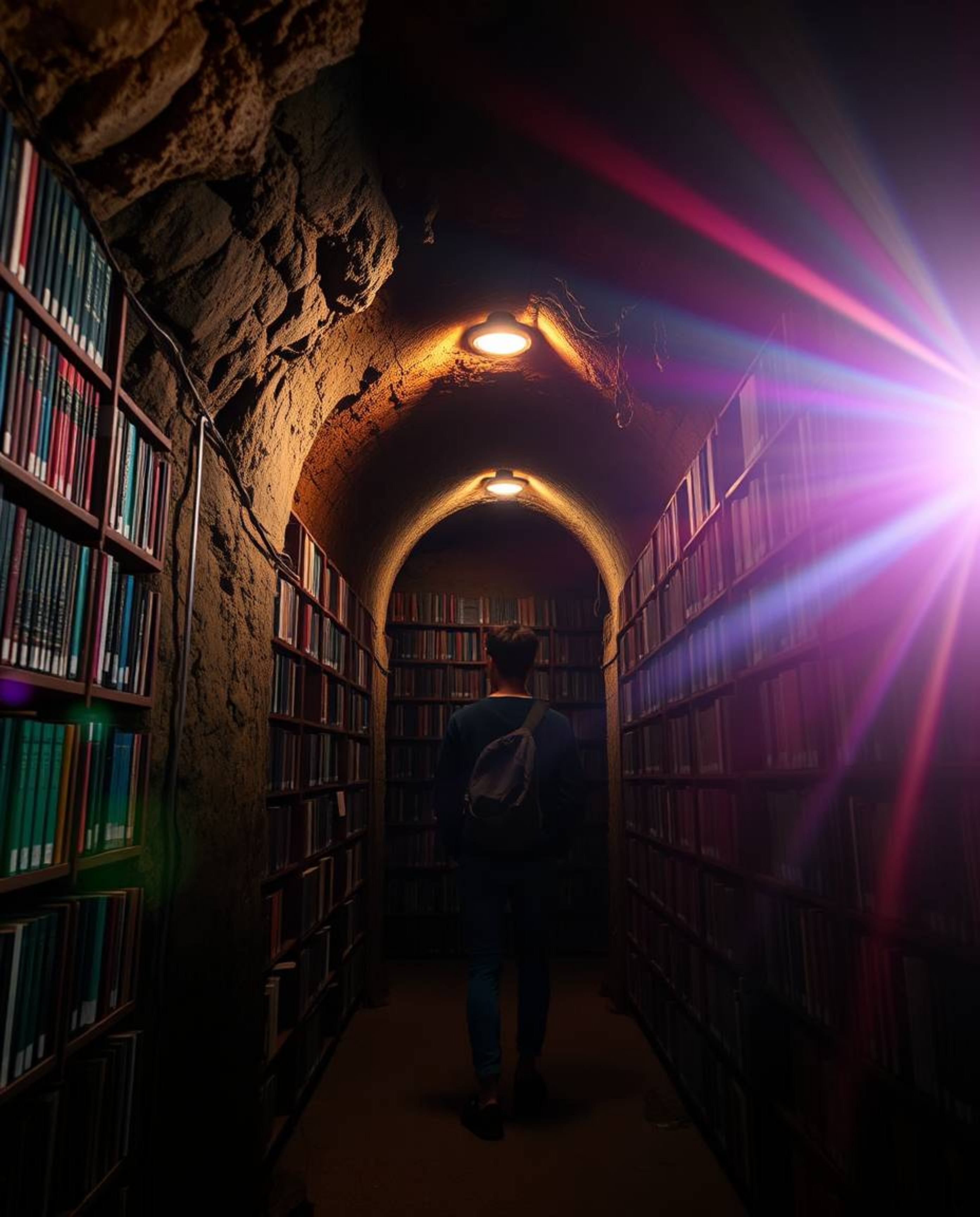 This photograph captures the captivating moment of a person discovering a hidden underground library, brought to life with vi