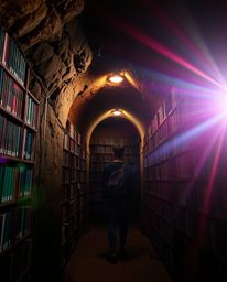 This photograph captures the captivating moment of a person discovering a hidden underground library, brought to life with vi