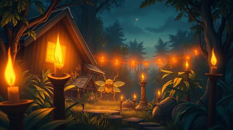 Experience a whimsical adventure with a bug-sized hero exploring a vibrant backyard jungle, bathed in the warm glow of candle