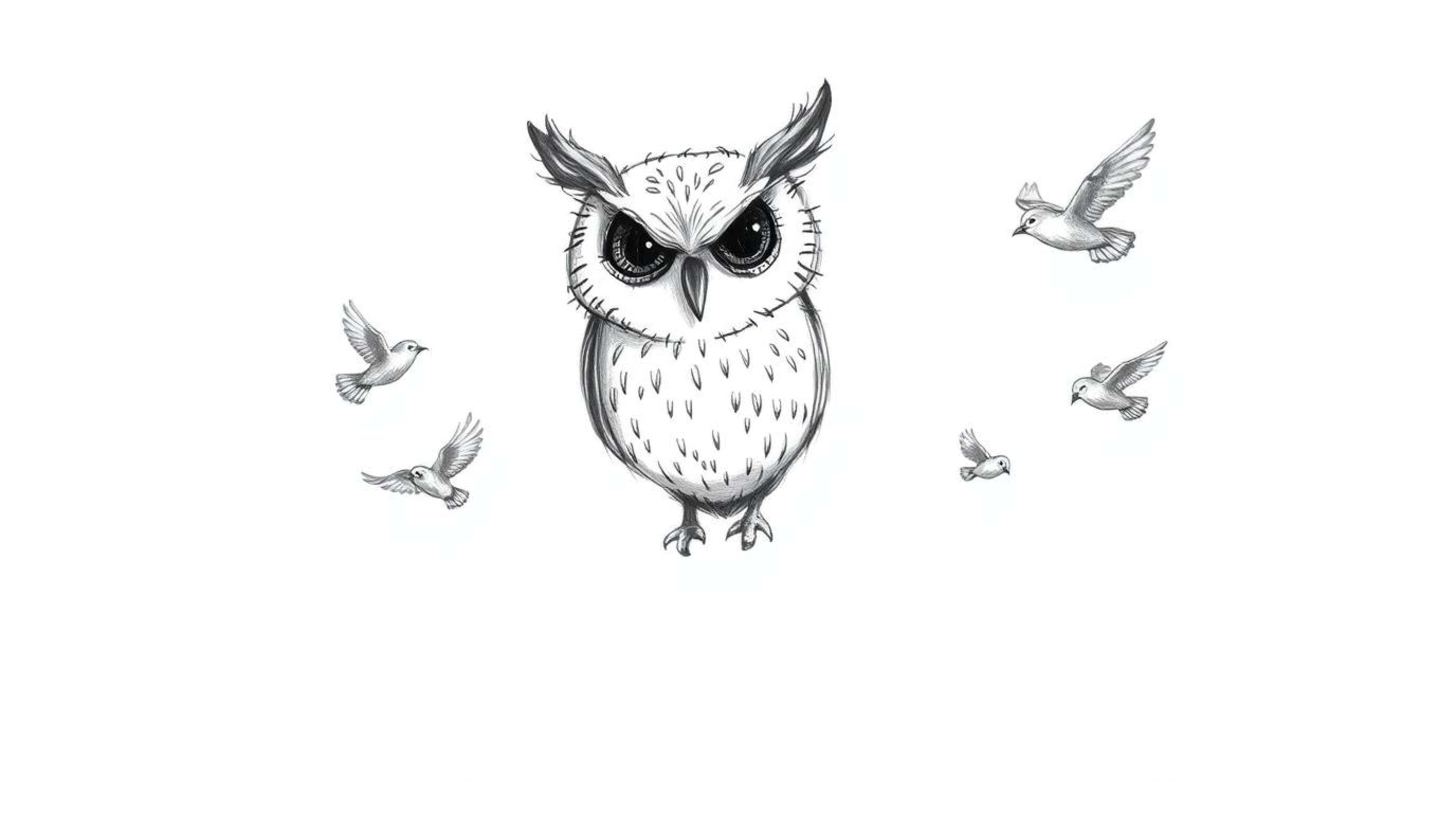 A captivating hand-drawn sketch depicts a wise, serene blind owl guiding small birds in flight.  Set in a golden twilight for