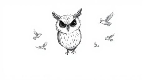 A captivating hand-drawn sketch depicts a wise, serene blind owl guiding small birds in flight.  Set in a golden twilight for