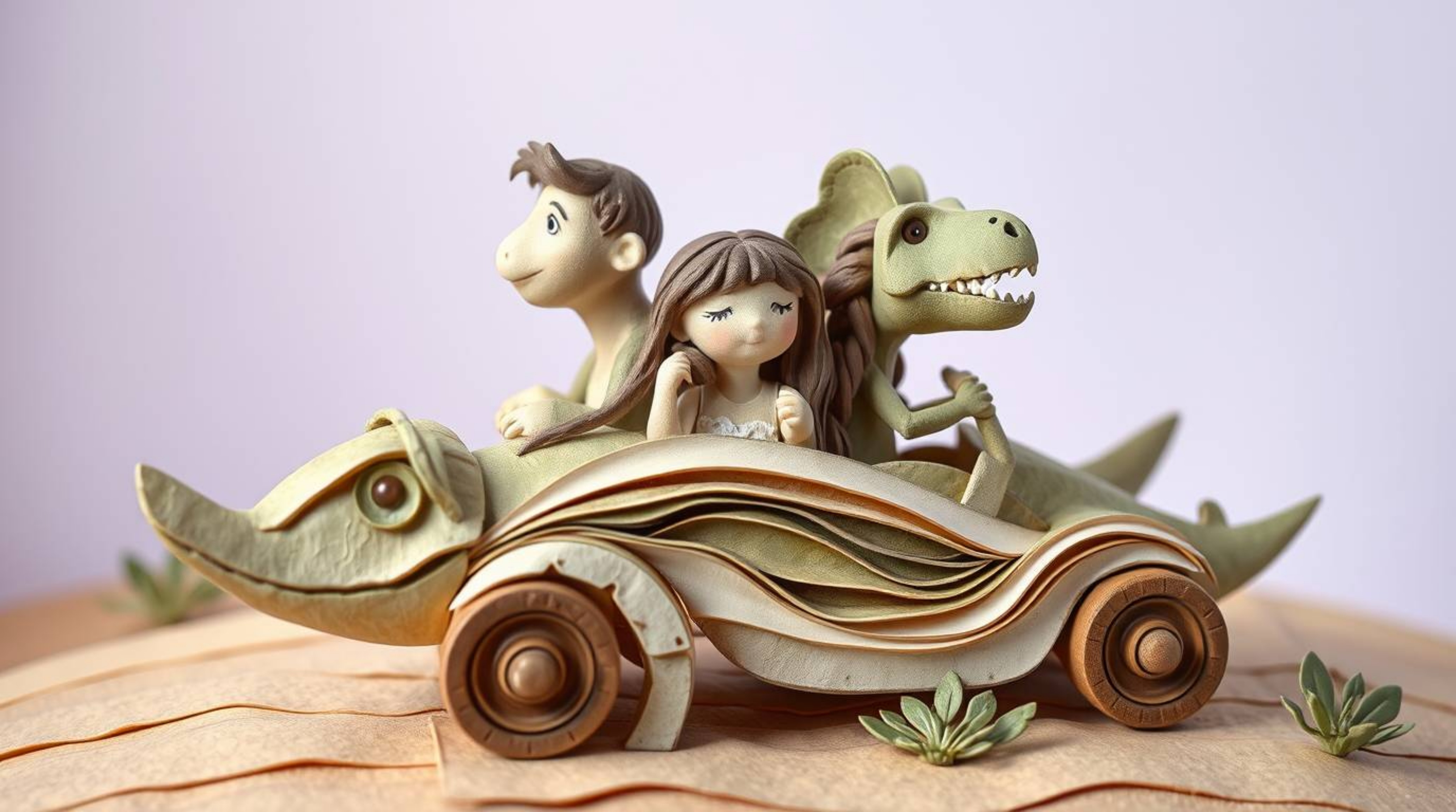 A charming,  layered papier-mâché artwork depicts a prehistoric family with soft features enjoying a ride in a whimsical dino