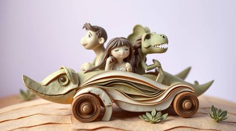 A charming,  layered papier-mâché artwork depicts a prehistoric family with soft features enjoying a ride in a whimsical dino