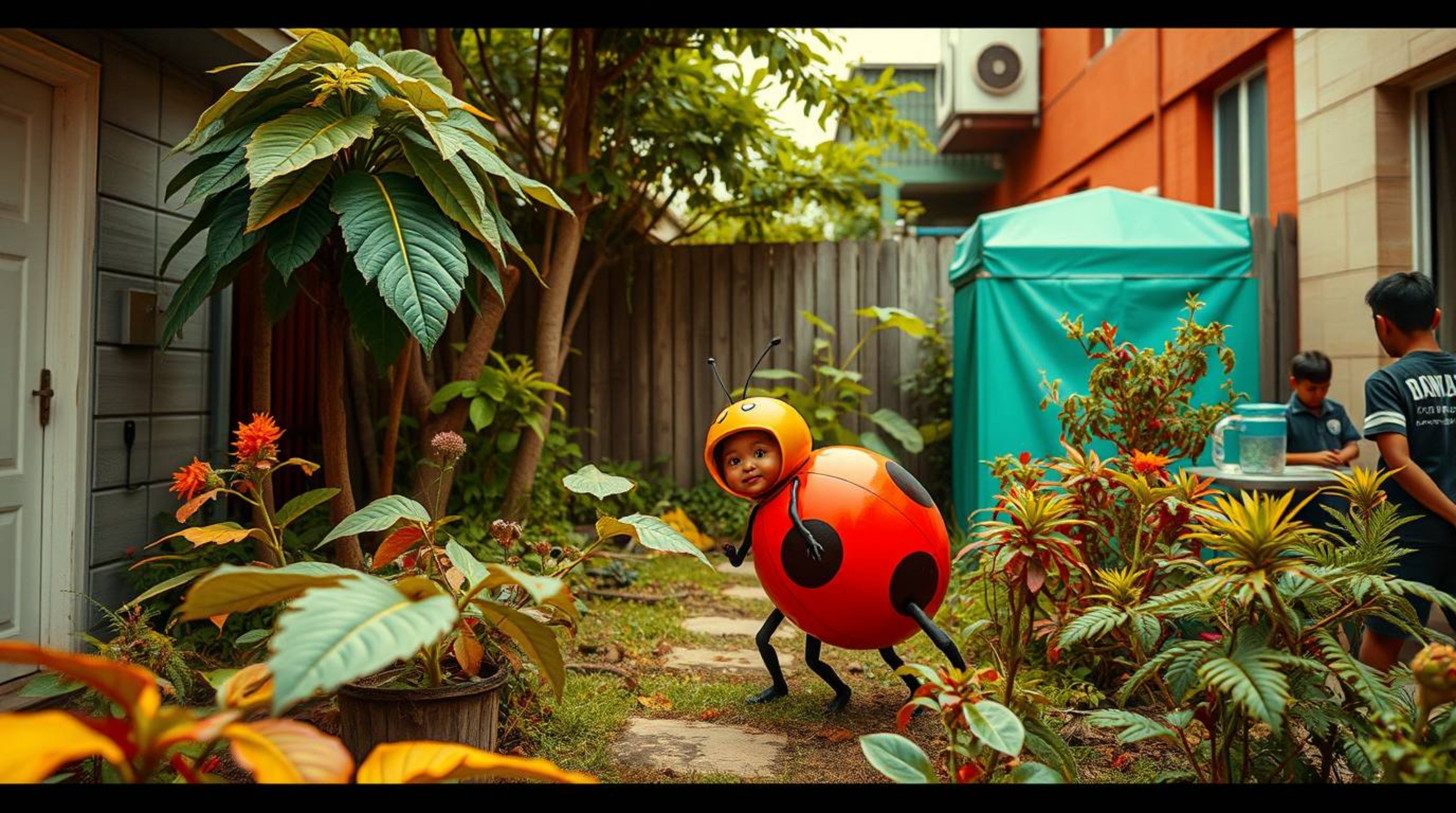 Explore a whimsical world through candid street photography featuring a bug-sized hero venturing into a backyard jungle, set 