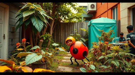 Explore a whimsical world through candid street photography featuring a bug-sized hero venturing into a backyard jungle, set 