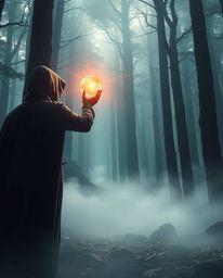 This high-resolution stock photo features a cloaked figure in a heroic pose, holding a glowing orb within a grand, futuristic