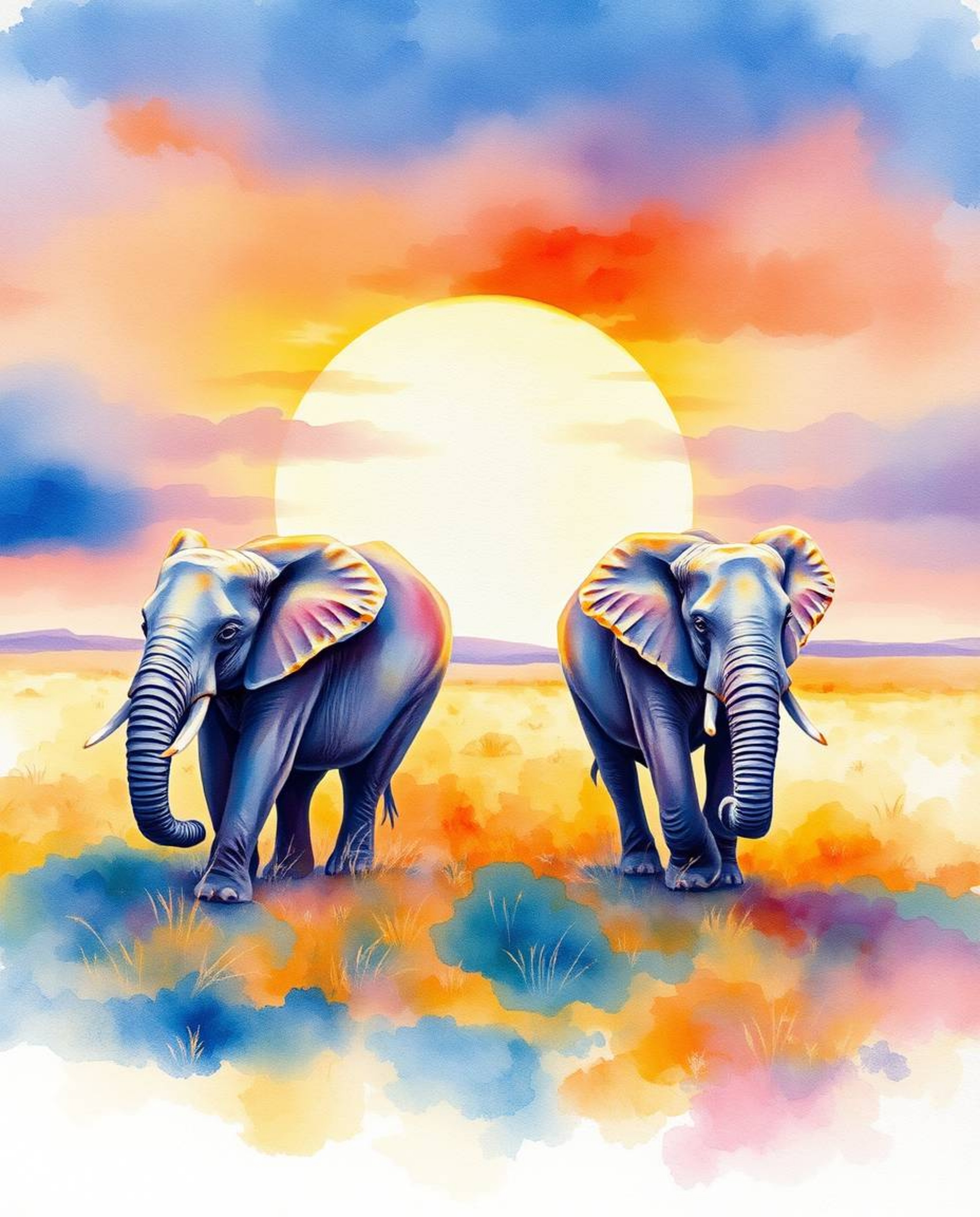 This is a beautiful watercolor painting of elephants walking across a field at sunset. The artwork is distinguished by its us