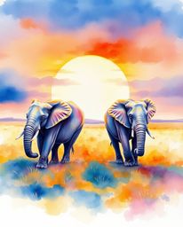 This is a beautiful watercolor painting of elephants walking across a field at sunset. The artwork is distinguished by its us