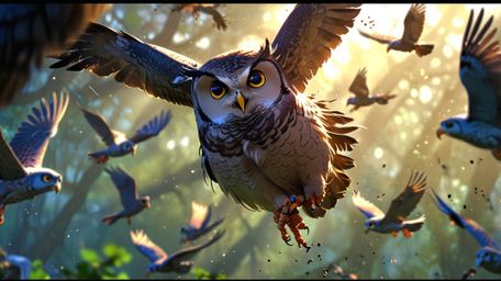 In a charming and dynamic scene, created with the heartwarming style of Pixar and the expressive energy of anime, a wise blin