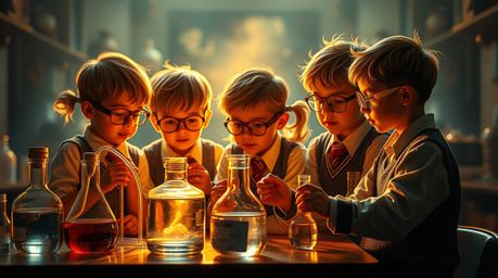 Capture the whimsical charm of quirky children in school uniforms conducting science experiments.  Bathed in a warm, golden g
