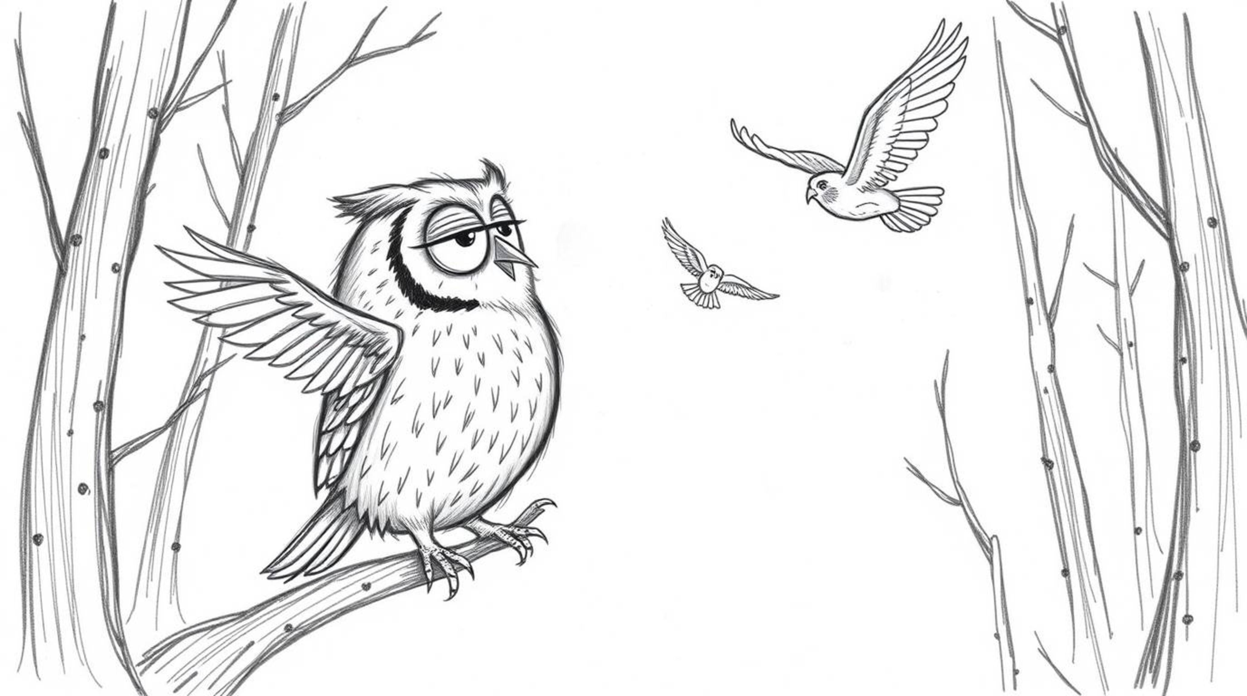 A whimsical hand-drawn pencil sketch depicts a blind owl, rendered in a Pixar-esque style, instructing birds in the art of fl
