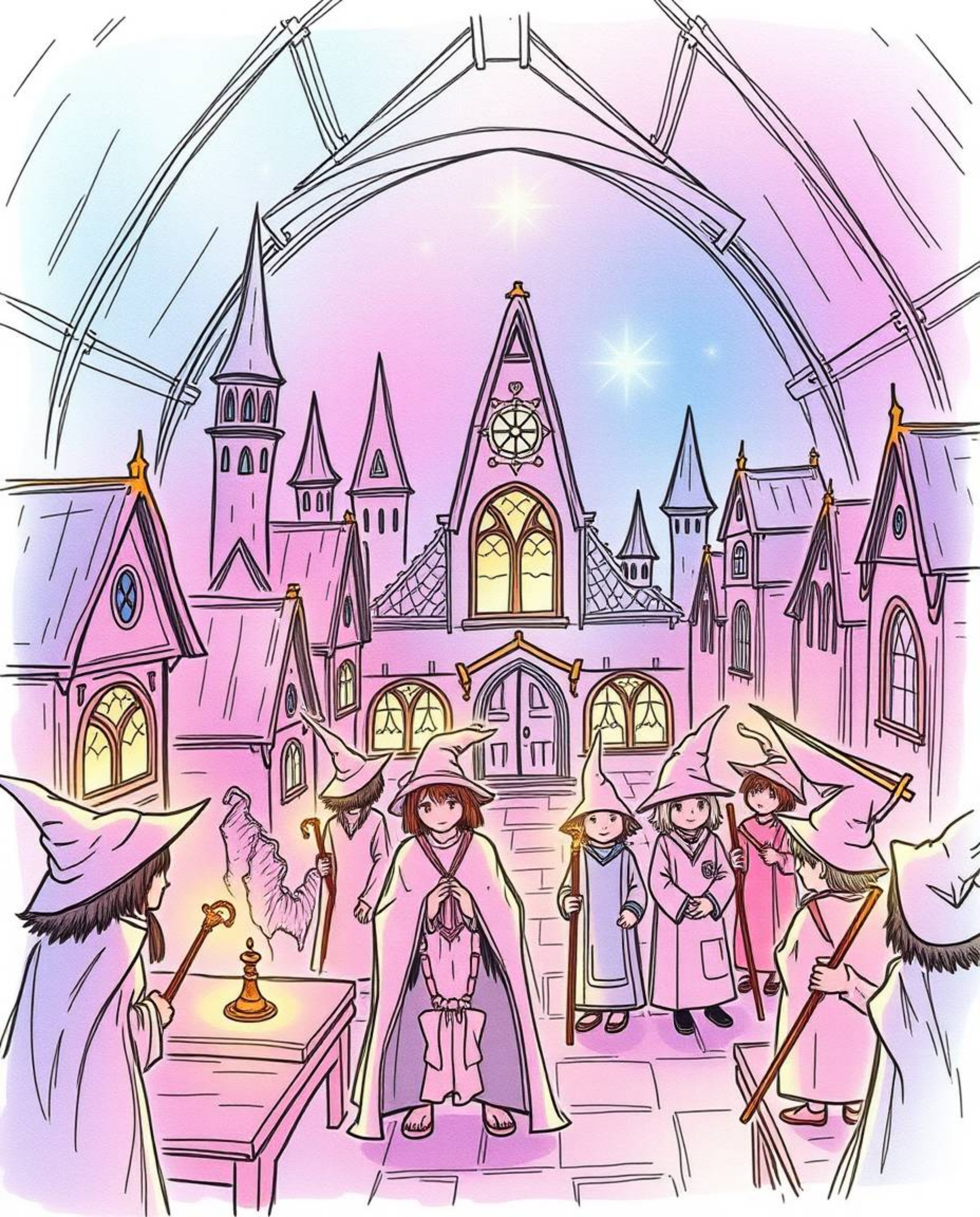 Explore a hand-drawn sketch of a magical school brimming with young wizards, featuring a smooth gradient transition and an et