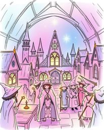 Explore a hand-drawn sketch of a magical school brimming with young wizards, featuring a smooth gradient transition and an et